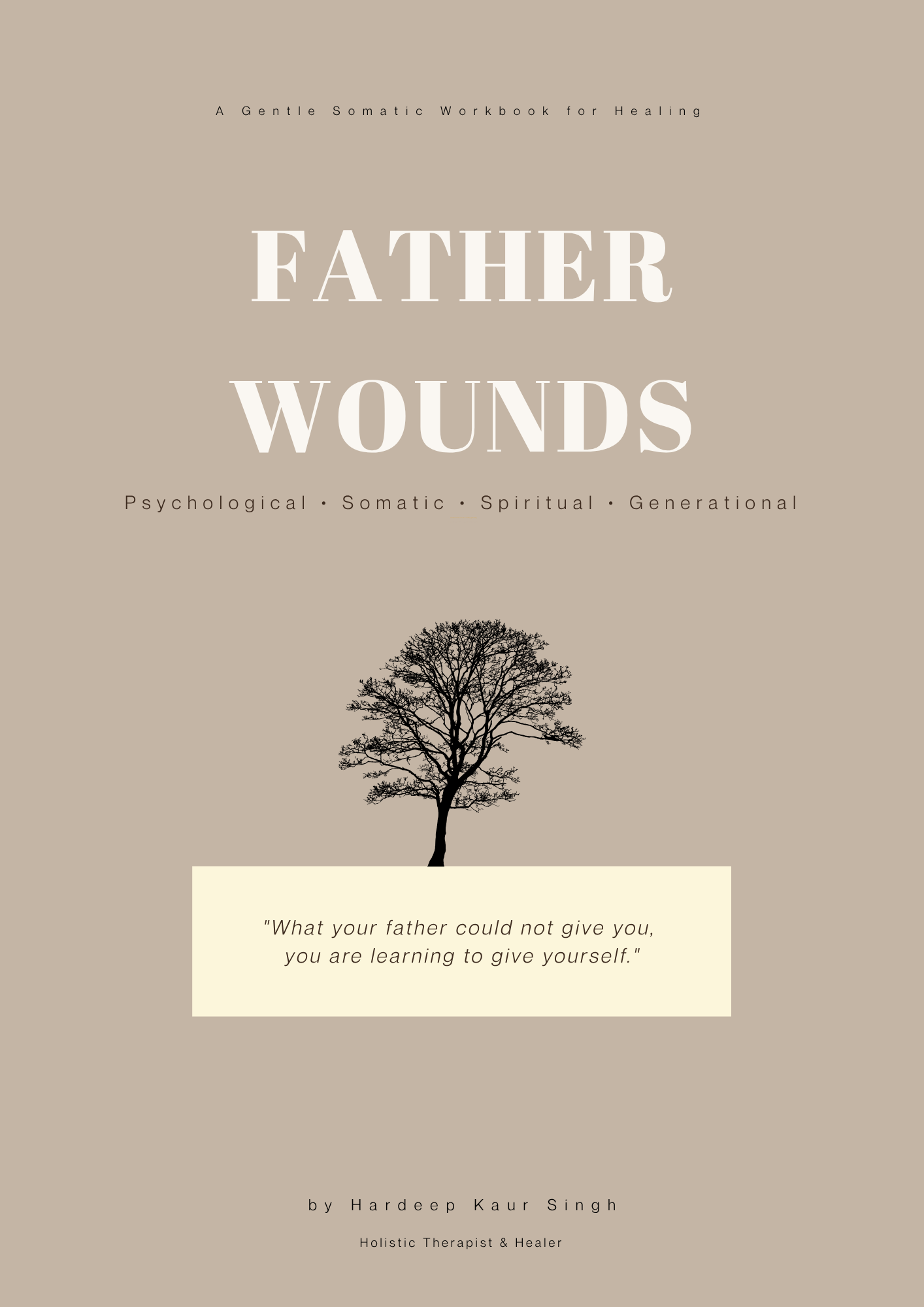 Book cover of 'Father Wounds' with a tree illustration and text on a beige background
