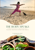 Woman in pink outfit practicing yoga on a beach with text 'The Body Speaks' at the bottom.