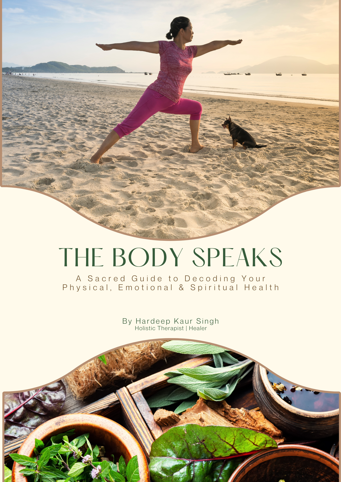 Woman in pink outfit practicing yoga on a beach with text 'The Body Speaks' at the bottom.