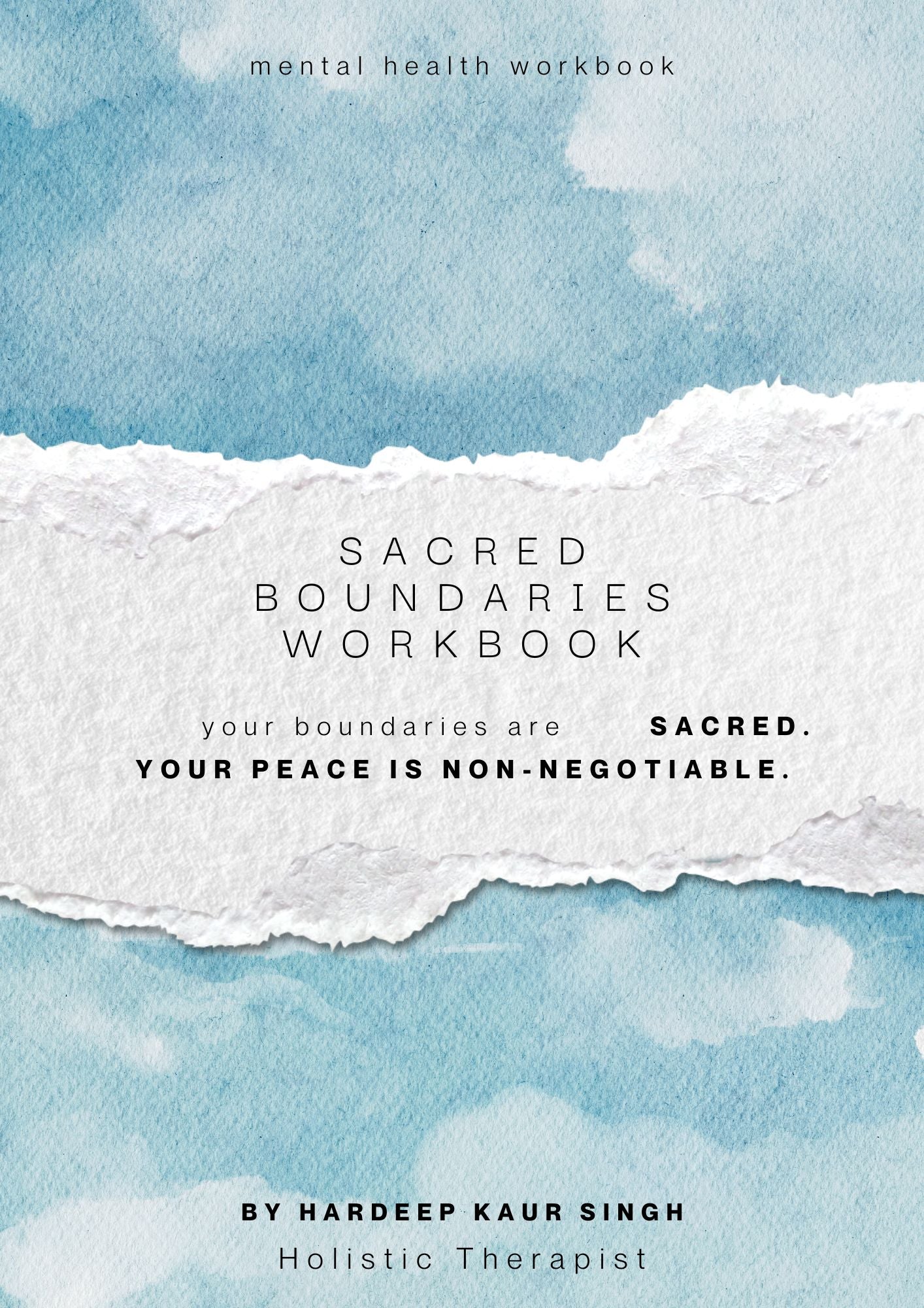 Cover of 'Sacred Boundaries Workbook' with a blue and white design, featuring text about boundaries and peace.