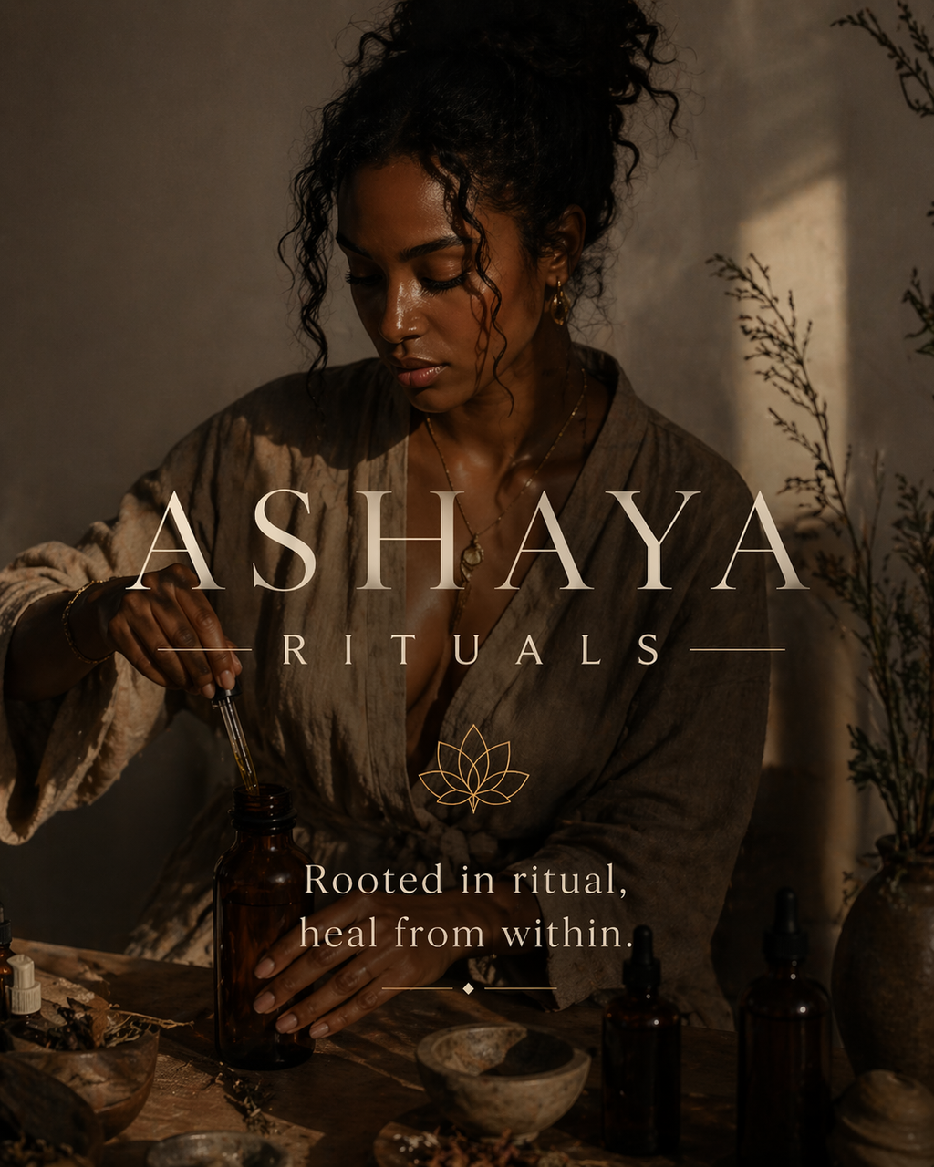 Woman performing a ritual with the 'ASHAYA RITUALS' brand name displayed.