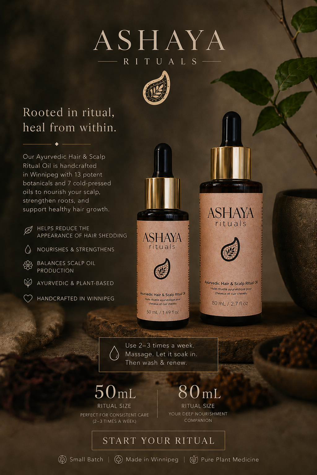 ASHAYA RITUALS hair and scalp care products with text on a warm-toned background