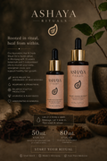 ASHAYA RITUALS hair and scalp care products with text on a warm-toned background
