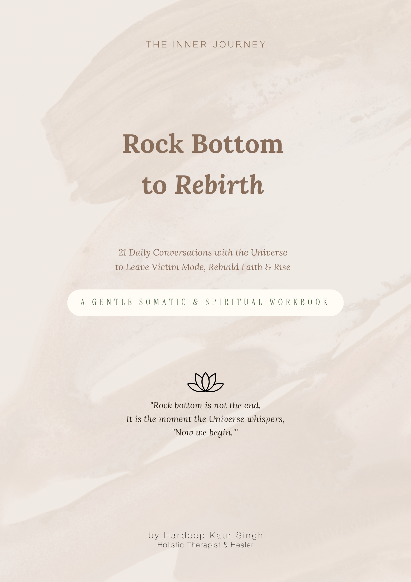 Book cover of 'Rock Bottom to Rebirth' with text and a lotus flower on a beige background